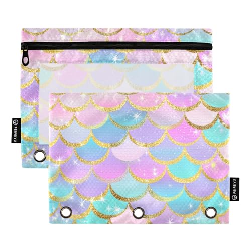 Binder Pouches Rainbow Mermaid Fish Scale Glitter Pencil Pouch for 3 Ring Binder 2 Pack Binder Pencil Pouch with Clear Window Pencil Bags with Zipper for School Office Supplies - color: Multi-colored06
