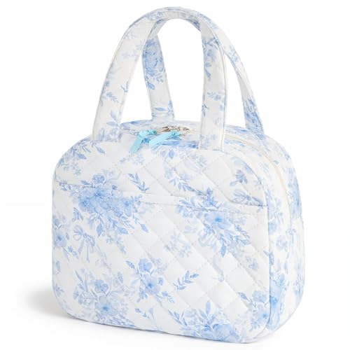 WOBAGMEN Quilted Lunch Box for Women,Coquette Aesthetic Lunch Box for Teen Girls,Cute Blue Floral Lunch Bags for Work, School,Office,Picnic,Travel (Big Blue Floral) - color: Big Blue Floral