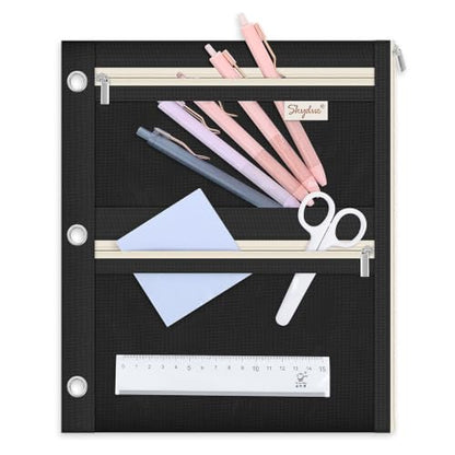 SKYDUE Pencil Pouch for 3 Ring Binder, 3 Compartment Zipper Pencil Case, Large Capacity Pen Organizer with Clear PVC Window for School Supplies, Students, Kids & Teachers - color: Black