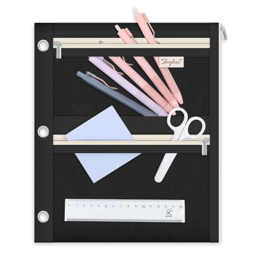 SKYDUE Pencil Pouch for 3 Ring Binder, 3 Compartment Zipper Pencil Case, Large Capacity Pen Organizer with Clear PVC Window for School Supplies, Students, Kids & Teachers - color: Black