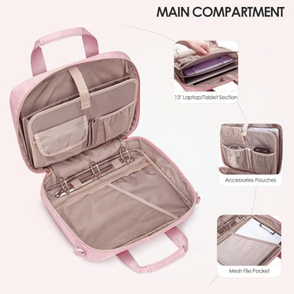 3 Ring Zipper Binder, 2 Inch Ring Binder Organizer Bag with Strap | Binder Bag Fits 13" Laptop & 500 Sheets, Detachable Shoulder Strap, Large Capacity Zip Up Portfolio Folder Bag for Office - color: Pink