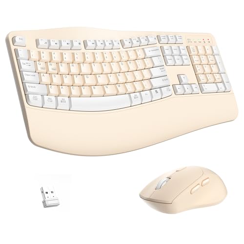 Ergonomic Wireless Keyboard and Mouse Combo, Wave Keys Keyboard with Wrist Rest for Natural Typing, 3 DPI Adjustable Ergonomic Silent Mouse for Computer/Laptop/Windows/Mac (Latte Color-A) - color: Latte color-A