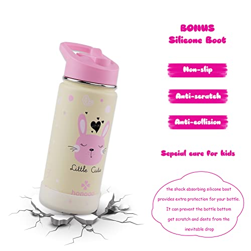 16 oz Stainless Steel Insulated Kids Water Bottle, Leak Proof Metal Thermal Flask with Straw lid, Cute Toddler Tumbler Cup for School Girls & Boys (Pink, Bunny) - color: Pink, Bunny