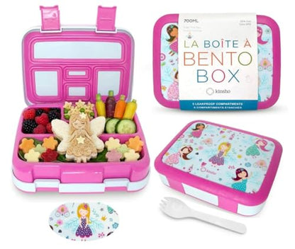kinsho Bento Lunch Box for Kids Toddlers Girls, 5 Portion Sections Secure Lid, Microwave Safe BPA Free Removable Tray, Pre-School Kid Daycare Lunches Snack Container Ages 3 to 5, Pink Fairy Princess - color: Pink Lt Blue Fairy