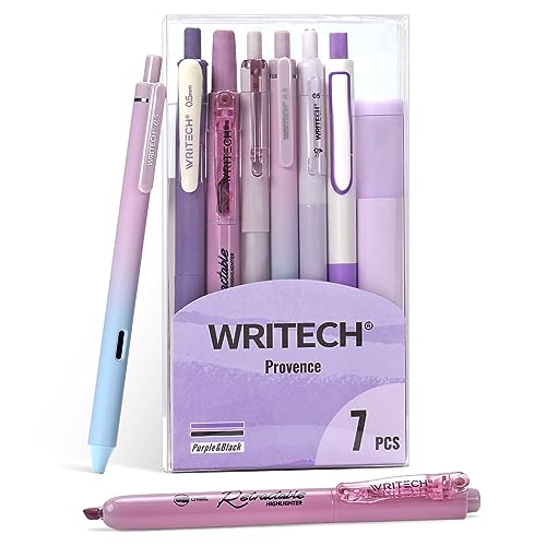 WRITECH Gel Pens Journaling Highlighters: Journal Set Aesthetic Assorted Pastel Color Ink 0.5mm Fine Point Retractable 0.7mm Black Pen Smooth Writing Drawing No Bleed 7ct (Purple) - color: Purple