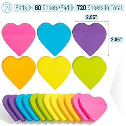 Mr. Pen- Heart Sticky Notes, 2.8"x2.85", 12 Pads, 720 Sheets, Bright Color | Heart Shaped Sticky Notes Bulk, Cute Self-Stick Note Pads, Perfect for Office, School, Home, Study & Organization - color: Bright