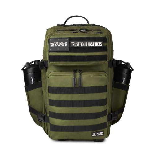 WOLFpak 45L Athletic Gym Backpack - Durable 1000D Waterproof Oxford Material with MOLLE Webbing, Laptop Pocket - color: Athletic Green (Black Molle)