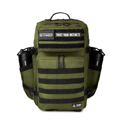 WOLFpak 45L Athletic Gym Backpack - Durable 1000D Waterproof Oxford Material with MOLLE Webbing, Laptop Pocket - color: Athletic Green (Black Molle)