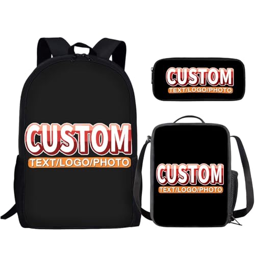 Customization Backpack School Set 3Pcs with Lunch Box Pencil Case Sports Bookbag Back Pack Lightweight Casual Daypacks for Elementary Primary Middle School - color: A-custom