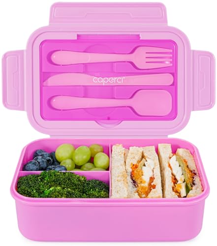 Caperci Classic Bento Lunch Box for Kids & Adults - Leakpoof 47oz Food Lunch Containers for Girls Women, 3-Compartment, Built-in Utensil Set, BPA-Free, Dishwasher/Microwave Safe (Vivid Orchid) - color: Vivid Orchid