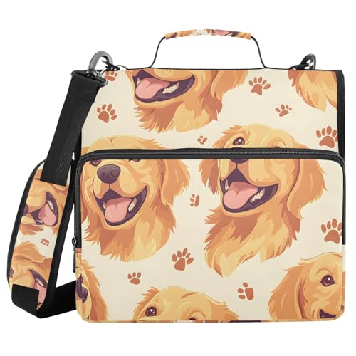 3 Ring Zipper Binder with Shoulder Strap Golden Retriever Face Pattern 1.5 inch Binders Keeper Large Capacity Multi Pockets for School Office Supplies