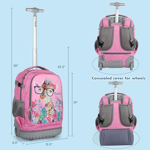 Tilami Rolling Backpack & Lunch bag for Kids 19 Inch Wheeled Bookbag for Boys & Girls for School & Travel,Giraffe pink - color: Giraffe Pink
