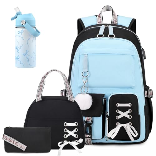 ACESAK Kids School Backpack for Girls, 4-In-1 Bookbag Backpack Set with 14OZ Insulated Kids Water Bottle, Lunch Bag Set for Girls Kid Teens Middle School Student, Girl Backpack for Schools - color: Black-blue