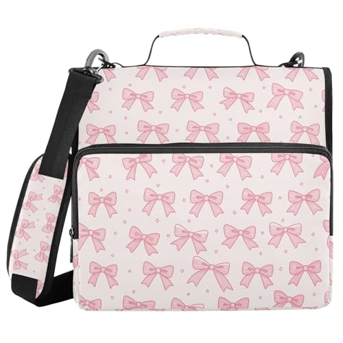 Pink Bow 3 Ring Binder Organizer, 500 Sheets Zipper Binder Portfolio with Shoulder Strap & Handle Multi-Pockets File Folder