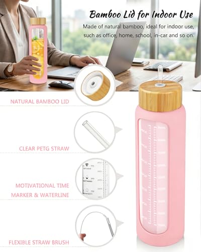 Nefeeko 32 oz Glass Water Bottles with Straw, Motivational Time Marker, 1 Liter BPA FREE Leakproof Reusable Glass Water Bottle with Silicone Sleeve, Bamboo Lid, Spout Lid - color: Pink