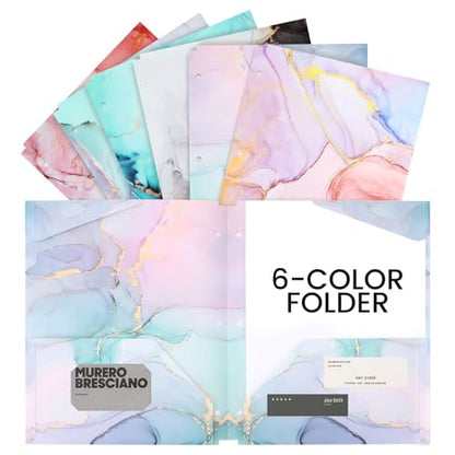 Ddaowanx 6pcs Folders with Pockets, 3 Hole Punched Heavy Duty Binders Folders for 3 Ring Binder,Cute Marble Colors Pocket Folders for Girls Back to School Supplies(6)