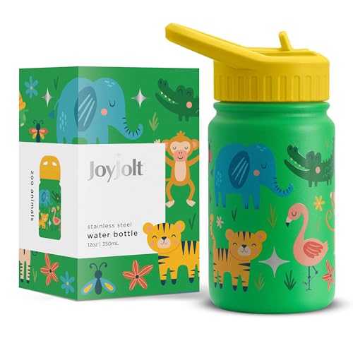 JoyJolt Kids Water Bottle with Straw Lid, 12oz Small Stainless Steel Reusable Tumbler for Kids, Girls, Boys, or Teen, Vacuum Insulated Water Bottle for School, Travel, and Outdoors, Leakproof - color: Zoo