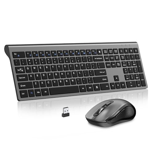 Wireless Keyboard and Mouse Combo, Slim Silent Full Size Computer Keyboard with Calculator Button, 2400 DPI Quiet Optical Mouse with Side Buttons, 2.4GHz USB Mice Set for Laptop PC Desktop -Space Gray - color: Grey