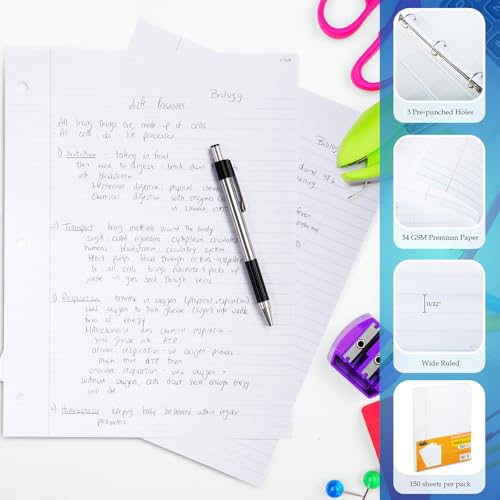 Notebook Paper Wide Ruled, Loose Leaf Paper Wide Ruled Notebook Binder Paper Bulk, Lined Filler Paper for 3 Ring Binders - 10.5” X 8", for Student, College, School - 150 Sheets - (12 Pack) - style: 12 Pack