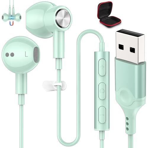 ASKUBSKU USB Headset for Game, USB A Headphones with Microphone for PC Computer with 7.5 Ft Cable, Wired USBA Earbuds Mute Stereo Noise Isolating Cord Laptop Earphones for Dell/Surface/Switch, Green - color: Green