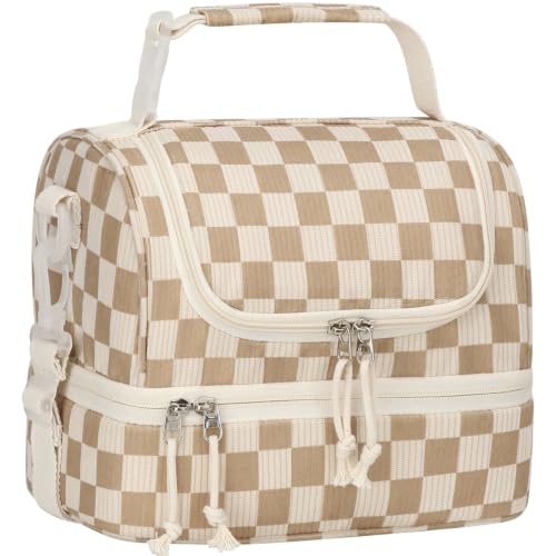 Vankor Corduroy Lunch Box Kids Insulated Lunch Bag Double Decker, Cute Leak-Proof Lunch Box for Boys Girls, Portable Cooler Lunch Bag Thermal Lunch Tote for School Picnic Travel, Khaki Checkered - color: Khaki Checkered