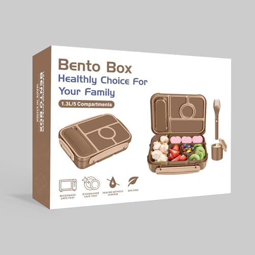 Amathley Bento Box Adult Lunch Box Kids,Lunch Containers for Adults/Kids/Toddler,5 Compartments Bento Lunch Box with Sauce Vontainers,Microwave & Dishwasher & Freezer Safe,BPA-Free (Brown) - color: Brown