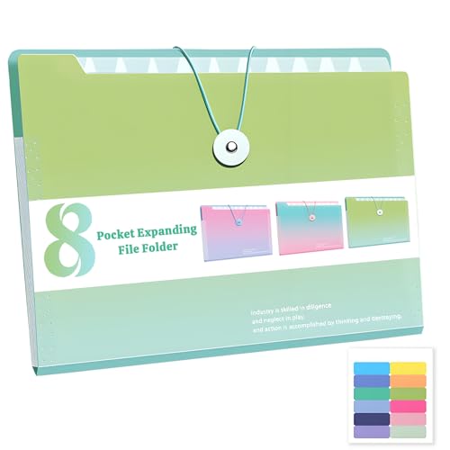 Accordion Folder with Labels, Letter/A4 Size 8 Pockets Expanding File Organizer, Portable Document Organizers for Paper Bill Receipt, Home College School Office Supplies (Gradient Green) - color: Gradient Green