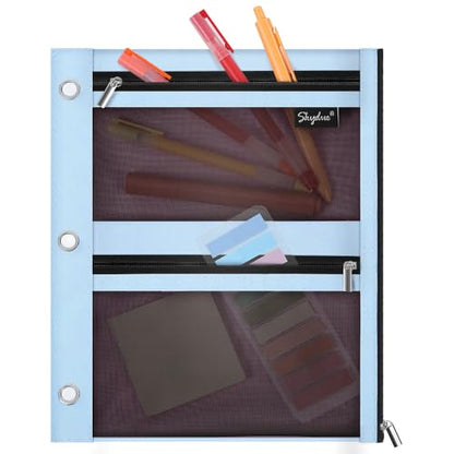 SKYDUE 3 Ring Pencil Pouch for Binder, Zipper Binder Pencil Pouch with 3 Pockets and Mesh Window, Durable Organizer for School Supplies, Cables, Earbuds, Makeup - color: Skyblue
