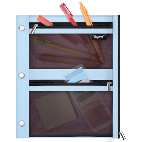 SKYDUE 3 Ring Pencil Pouch for Binder, Zipper Binder Pencil Pouch with 3 Pockets and Mesh Window, Durable Organizer for School Supplies, Cables, Earbuds, Makeup - color: Skyblue