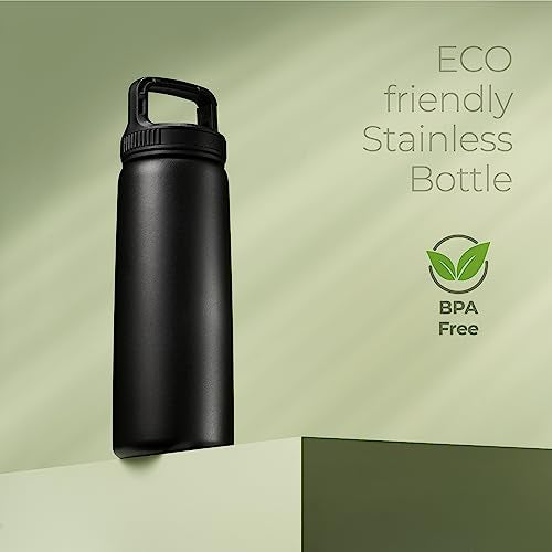 SipX™ Insulated Water Bottle with 3 Lids 25 oz (750 mL). Leakproof Stainless Steel, Triple Insulated – Cold 24 Hours/Hot 12 Hours – Durable Bottle for School, Gym, Travel – Black - color: Black, size: 25 Ounces