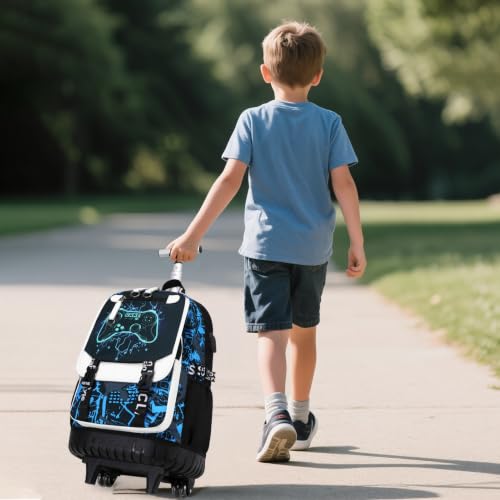 Bevalsa Rolling Backpack for Boys, Roller Backpack with Wheels, Wheeled School Bag with Sling Bag, Lunch Box & Pen Case for Kids Children Teens Elementary Middle Student Glow In The Dark - color: Blue Game
