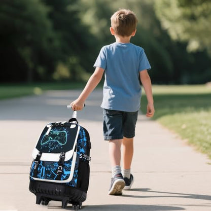 Bevalsa Rolling Backpack for Boys, Roller Backpack with Wheels, Wheeled School Bag with Sling Bag, Lunch Box & Pen Case for Kids Children Teens Elementary Middle Student Glow In The Dark - color: Blue Game