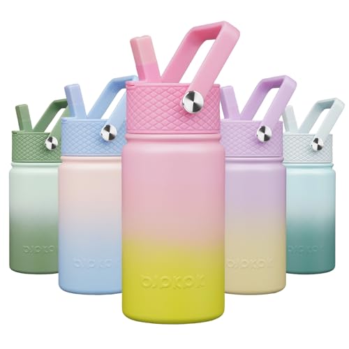 BJPKPK Insulated Water Bottle, 15oz Stainless Steel with Straw Lid | Leak Proof, BPA-Free, Vacuum Insulated, Keep Drink Cold & Hot, Metal Water Bottle for Travel, Gym, Office, Cupholder Friendly - color: Tulips, style: N-15oz-Color Lid