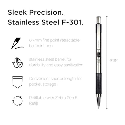 Zebra Pen F-301 STEEL Ballpoint Pen, Black/Blue/Red Ink, 0.7mm, 4-Pack - color: Assorted A