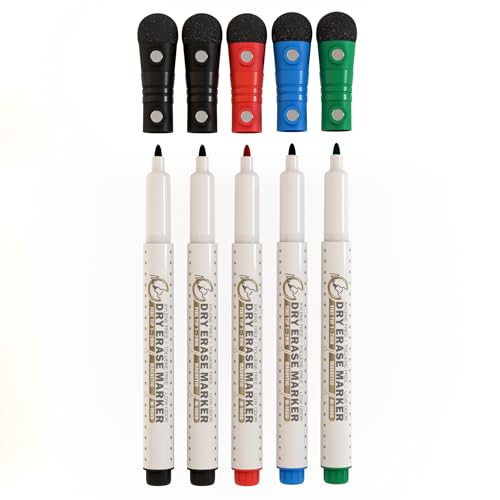 Magnetic Dry Erase Whiteboard Markers, 1mm Fine Tip, 5 Pack 2 Black | 2 black plus green planning colors, dual-magnet strong hold, more ink for longer use, eraser caps, 5 spare tips