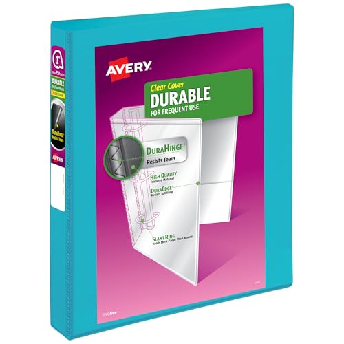 Avery Durable View 3 Ring Binder, 1 Inch Slant Rings, 250-Sheet Capacity, DuraHinge, 1.4 Inch Wide Spine, Customizable Clear Covers and Spine, 1 Bright Aqua Blue Binder (17295) - size: 1"