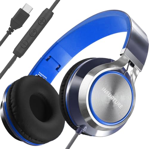 INFURTURE USB C Headphone for Kids & Adults Over-Ear Headphone with HD Mic | Adjustable Type C Headphones for School, Comfort Ear Cups, Hi-Fi Stereo, Cord for iPhone, iPad, Tablet, Laptop, Travel - color: Blue