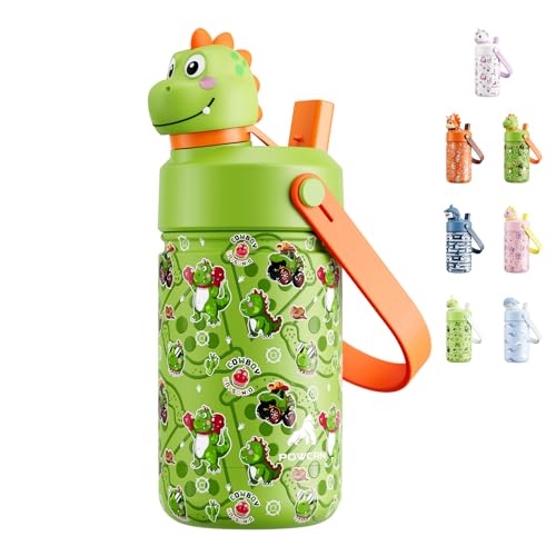 POWCAN Kids Water Bottle for School: 2-in-1 Straw Spout Lid with Soft Animal Head, Leakproof, Backpack Friendly, Keep Cold 24H, Insulated cup for Sports, Playground, Holiday Gift, Cowboy Rex 12 Ounces - color: Cowboy Rex, size: 12 Ounces