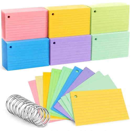 Tecmisse 600 Pieces Index Cards Rulded, Colorful Flash Cards 3 x 5 Index Card with Rings, Heavy Study Cards, Note Cards Punched for School Learning, Office and Home Uses (6-Color Thickened) - color: 6-Color Thickened