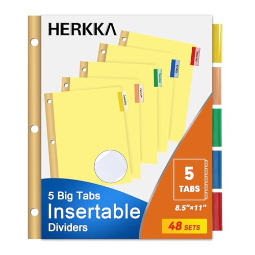 5-Tab Binder Divider, HERKKA 240 Pack Binder Index Dividers with 5 Insertable Multicolor Big Tabs, Paper with Gold-Reinforced Holes Letter Size, Yellow, 1/5-Cut Tabs