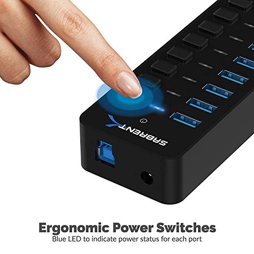 SABRENT 10-Port 60W USB 3.0 Hub with Individual Power Switches and LEDs, Includes 60W 12V/5A Power Adapter (HB-BU10) - size: 10-Port - 10 USB 3.0