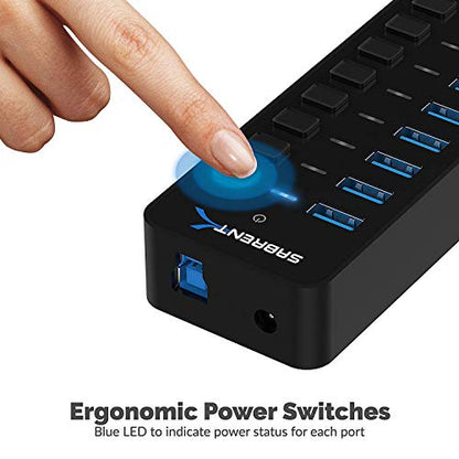 SABRENT 10-Port 60W USB 3.0 Hub with Individual Power Switches and LEDs, Includes 60W 12V/5A Power Adapter (HB-BU10) - size: 10-Port - 10 USB 3.0