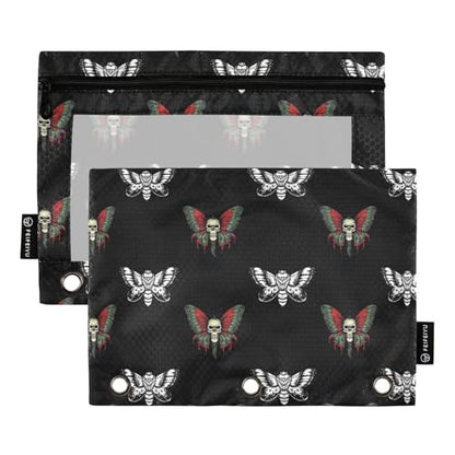 2 Pack 3 Ring Binder Pencil Pouch Gothic Butterfly Skull Pencil Case Pencil Bags with Zipper, Clear PVC Binder Pockets for Office Daily Supplies - color: Color 10