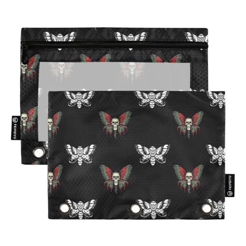 2 Pack 3 Ring Binder Pencil Pouch Gothic Butterfly Skull Pencil Case Pencil Bags with Zipper, Clear PVC Binder Pockets for Office Daily Supplies - color: Color 10