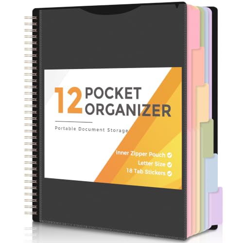 SKYDUE 12 Pocket Organizer, Spiral Multi Pocket Folder Binder with Dividers, Black Organize Notebook - color: Black