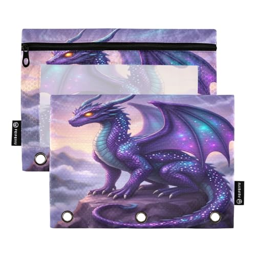 Gredecor Binder Pencil Pouch 3 Ring Dragon Purple Galaxy Zipper Pencil Pouches Case 2 Pack Clear Binder Organizer for Kids School Office - color: Dragon Purple Galaxy