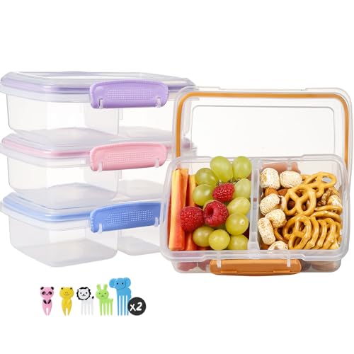 Greentainer 4 Pack Snack Containers with Lids for Kids, 2 Compartment Reusable Bento Lunch Box with Cute Forks, Divided BPA-Free Plastic Food Storage & Meal Prep for School, Travel, Fruits & Snacks - color: Pink