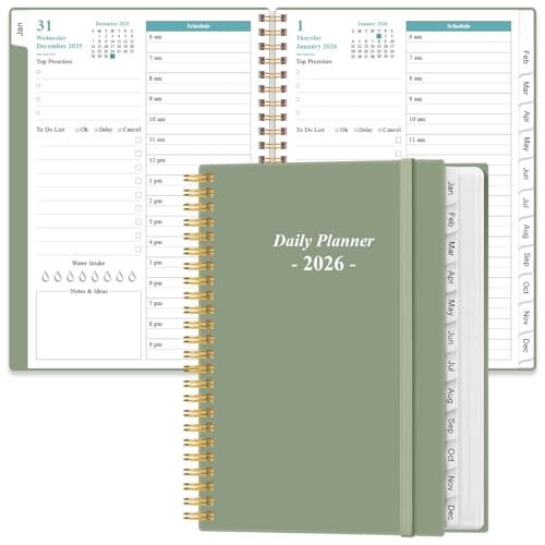 Daily Planner 2026 Full Page Per Day- 2026 Daily & Monthly Planner from January 2026 to December 2026, Day Planner 2026 with 12 Months Tabs, 6.4" x 8,5", Green - color: Green, size: 6.4" x 8.5"