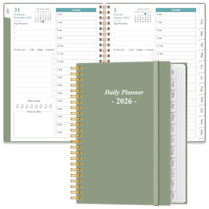 Daily Planner 2026 Full Page Per Day- 2026 Daily & Monthly Planner from January 2026 to December 2026, Day Planner 2026 with 12 Months Tabs, 6.4" x 8,5", Green - color: Green, size: 6.4" x 8.5"
