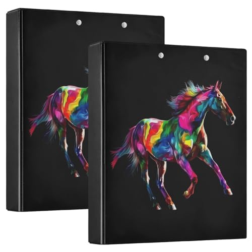 Colorful Running Horse 3 Ring Binder 1.5" Decorative D-Ring Binder with Clipboard&3 Clear Pockets, Holds 200 Sheets A4 Size Paper Waterproof Binders for School Home Office|2 Pack - color: Colorful Running Horse, size: 12.4x10.63x2.36 Inch-2 Pack